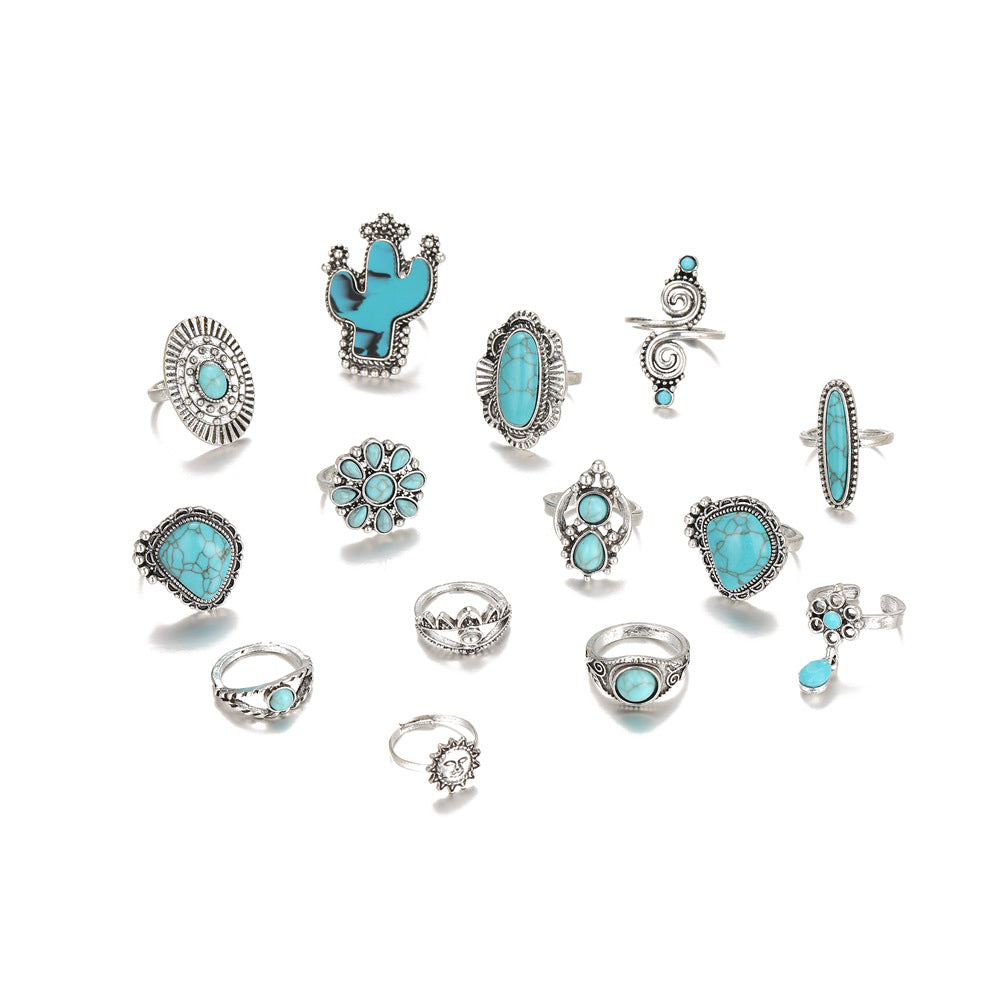 Wholesale Vintage Bohemian Turquoise Cactus Carved 14-Piece Ring Set